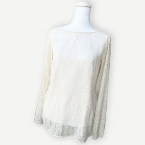 Ann Taylor LOFT Sheer Lace Long Sleeve Off-White Crewneck Shirt. Top. XS.